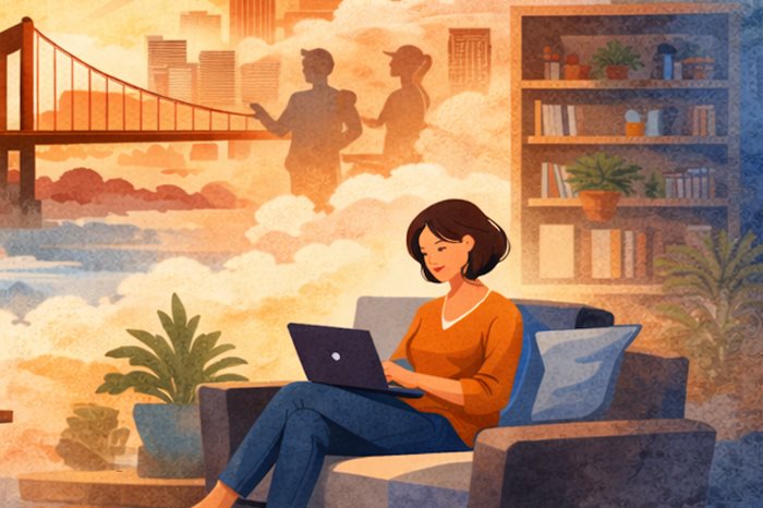 Woman sitting on a sofa working on a laptop in a living room with plants and a bookshelf; in the background, a cloud-filled cityscape with a bridge an