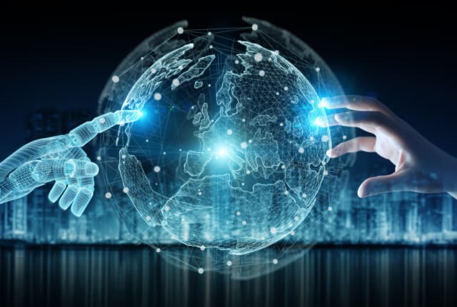 Graphic image representing the interaction between human beings and artificial intelligence/technology