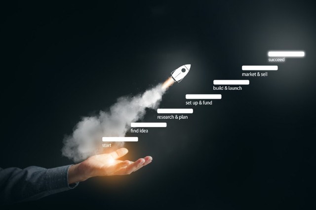 A rocket taking off from a hand, showing the stages of development leading up to success.