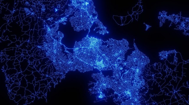 mappa di una città  dall'alto con un effetto di illuminazione al neon blu su sfondo nero.