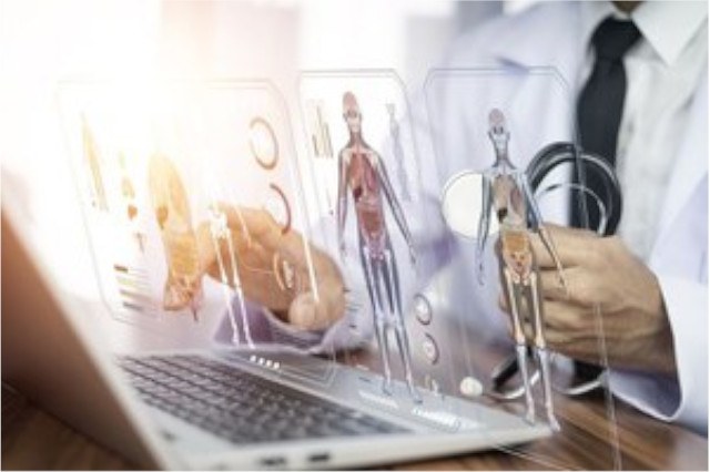 Immagine grafica di un medico che usa l'ai al computer
