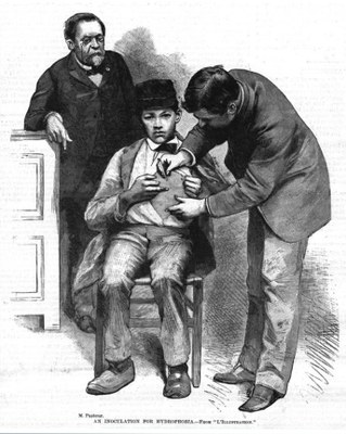 L'inoculazione di Jean-Baptiste Jupille sotto la guida di Pasteur (Harper's Weekly del 19 dicembre 1885). Fonte: Wikipedia