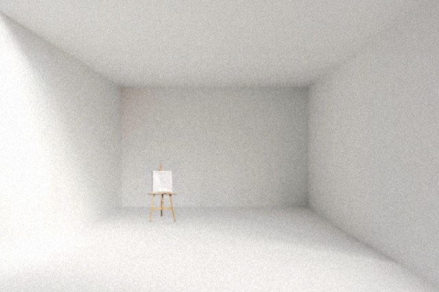 Una tela che rappresenta una stanza completamente bianca con un cavalletto e una tela vuota al centro
