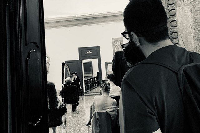 Persone che assistono alla performance di una arpista del Collegium Musicum