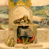 Irnerio è raffigurato in cattedra, mentre studia gli antichi codici. Alcuni volumi sono aperti sul tavolo, altri posti a terra; sul baldacchino appare la scritta LIBERTAS